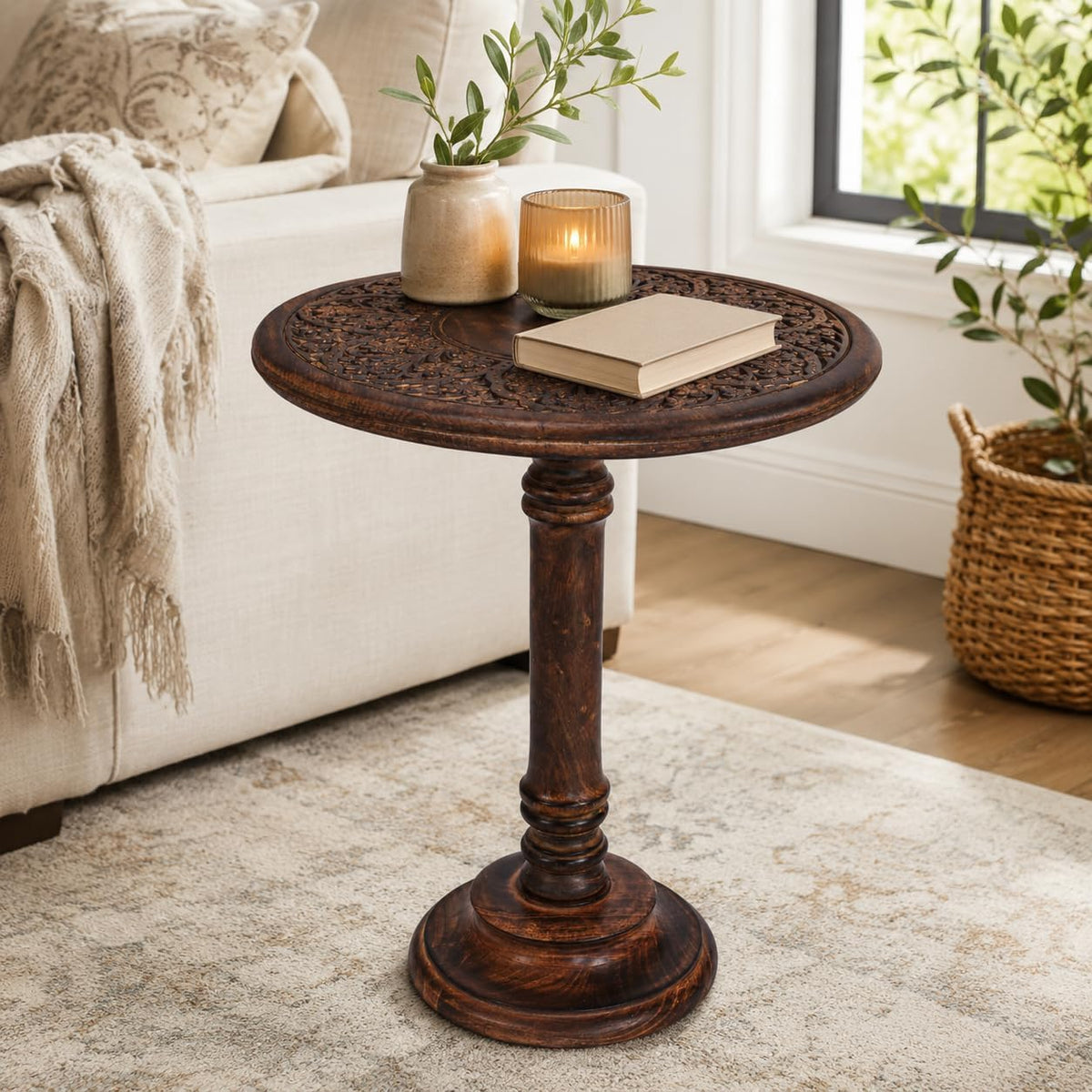 Natural Burnt Finish Pedestal Side Table
