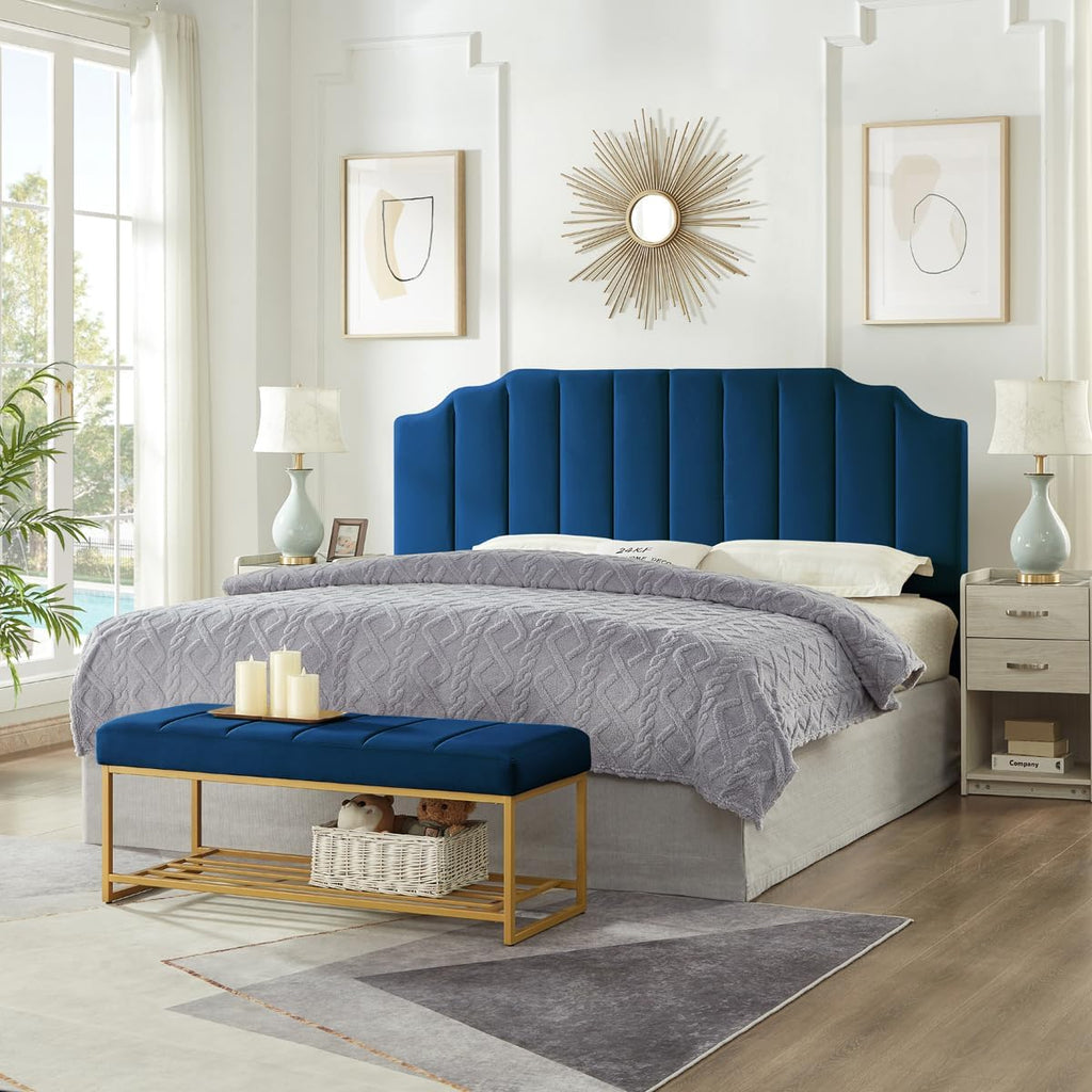 24KF Navy Velvet Tufted Bench with Gold Metal Shelf