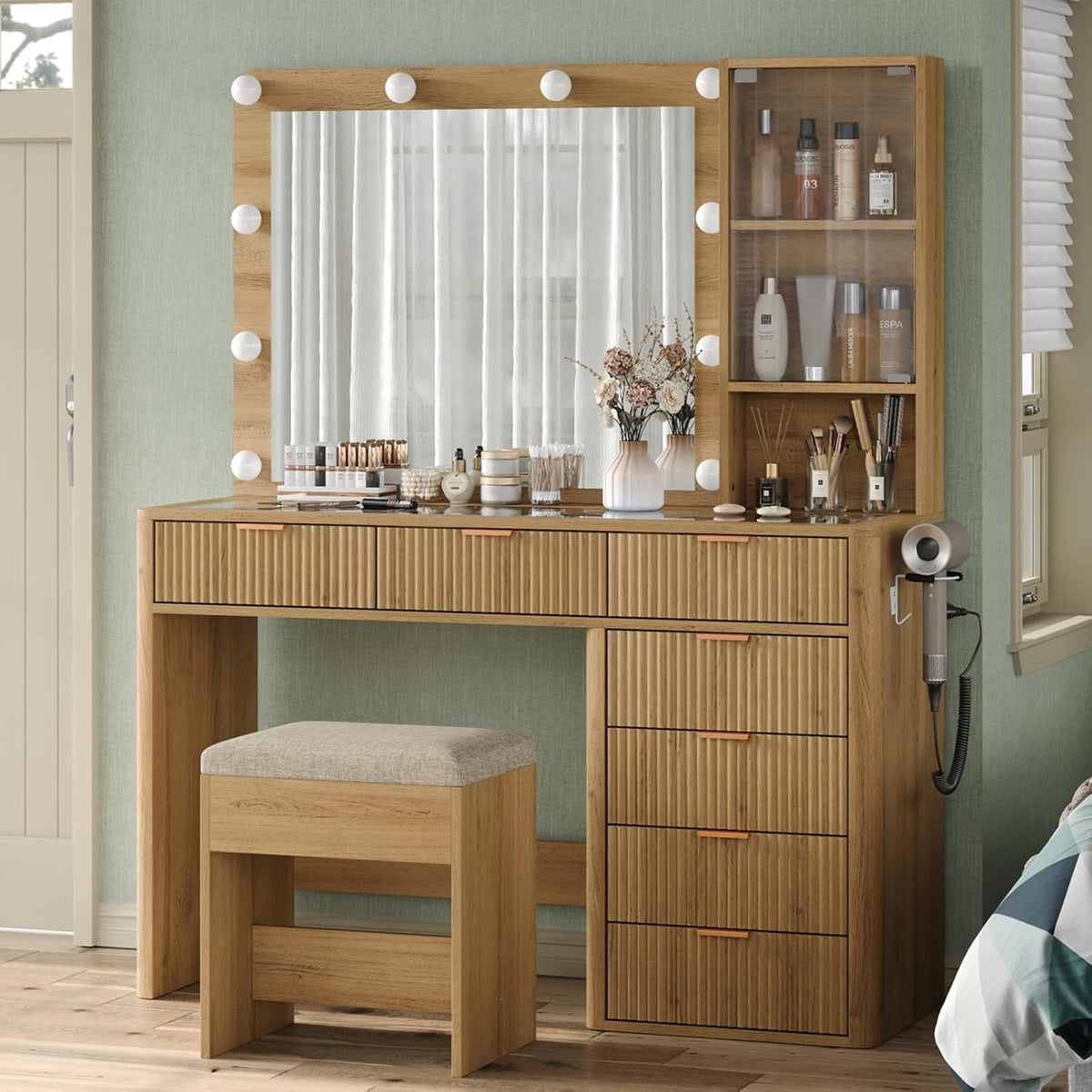 Natural Oak 47" Fluted Vanity Desk with LED Mirror