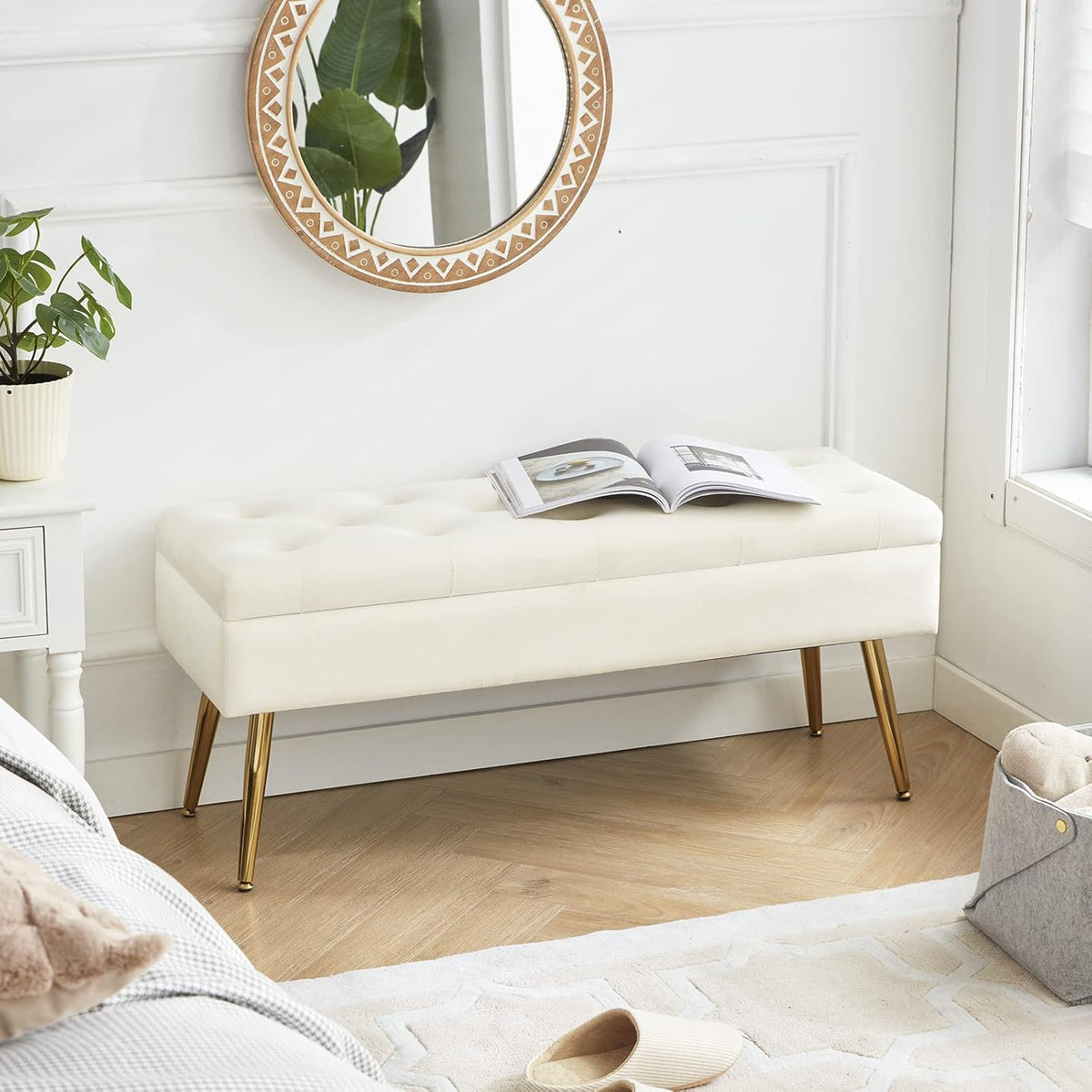 Cream Velvet Storage Ottoman Bench for Bedroom