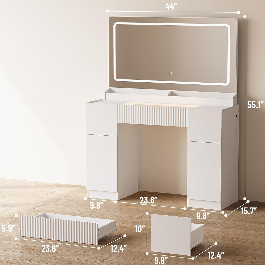 Pure White 44" Glass‑Top Vanity Desk with LED Mirror