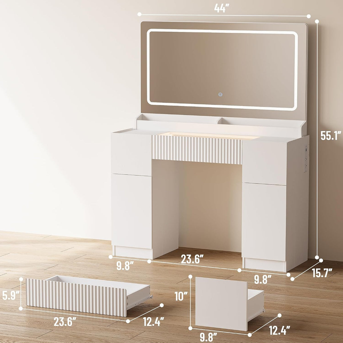 Pure White 44" Glass‑Top Vanity Desk with LED Mirror