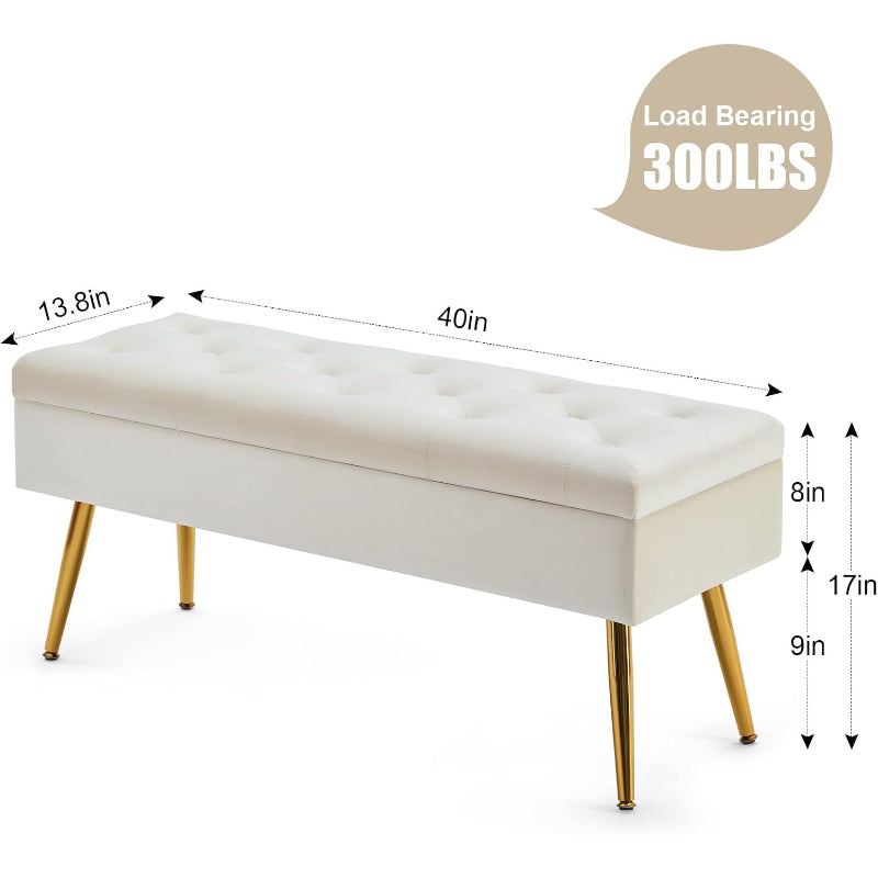 Cream Velvet Storage Ottoman Bench for Bedroom