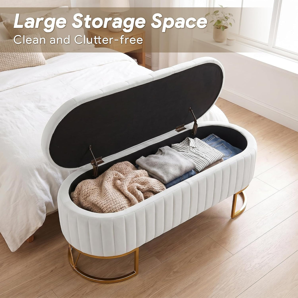 Ivory Velvet Oval Storage Bench with Golden Metal Legs