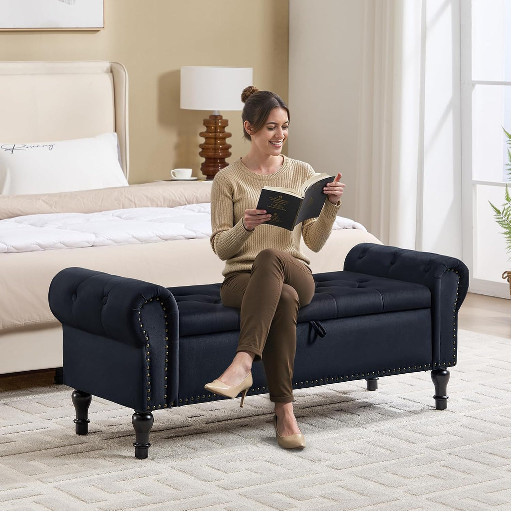 Black Velvet Tufted Storage Bench with Rolled Arms