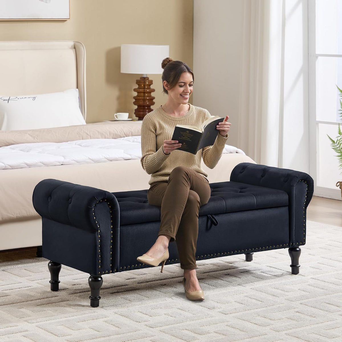 Black Velvet Tufted Storage Bench with Rolled Arms