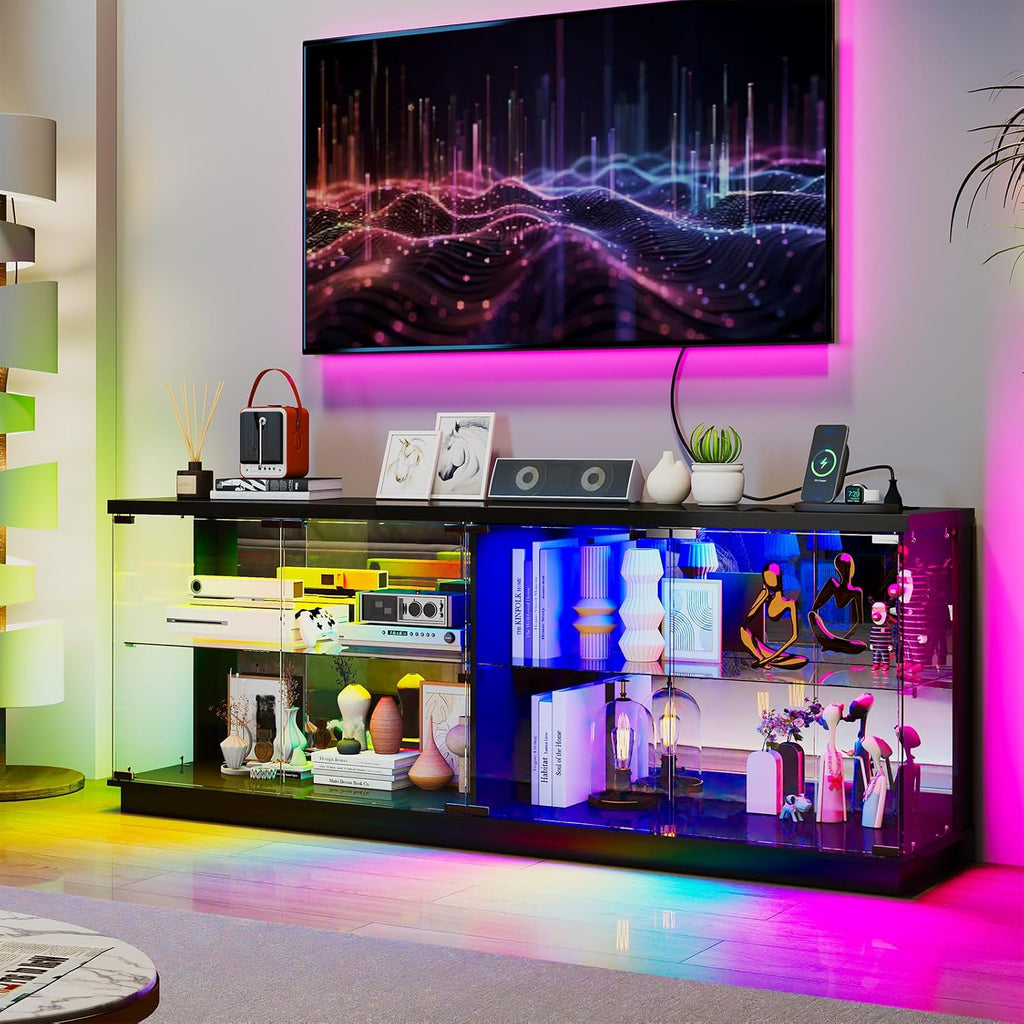 59" Glass TV Stand with Light & Charging Station