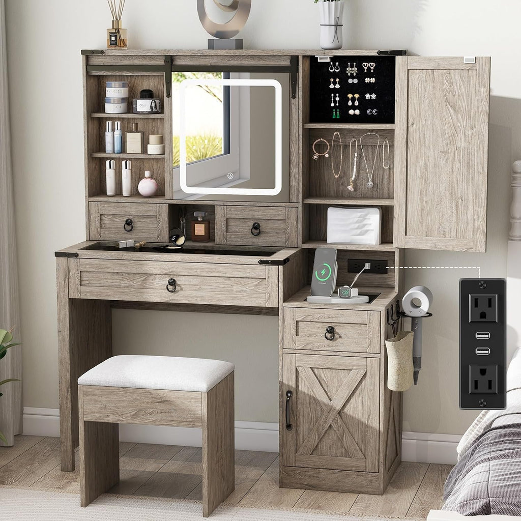 Rustic Oak Farmhouse Vanity Desk with Sliding Mirror & Lights