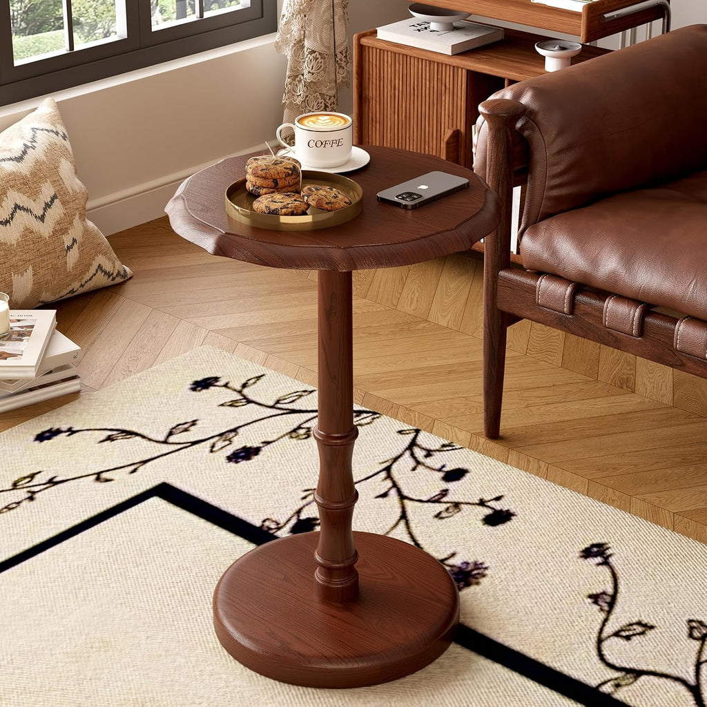 Walnut Solid Wood Vintage Pedestal Round Side Table