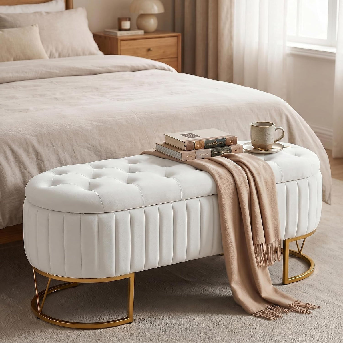 Ivory Velvet Oval Storage Bench with Golden Metal Legs