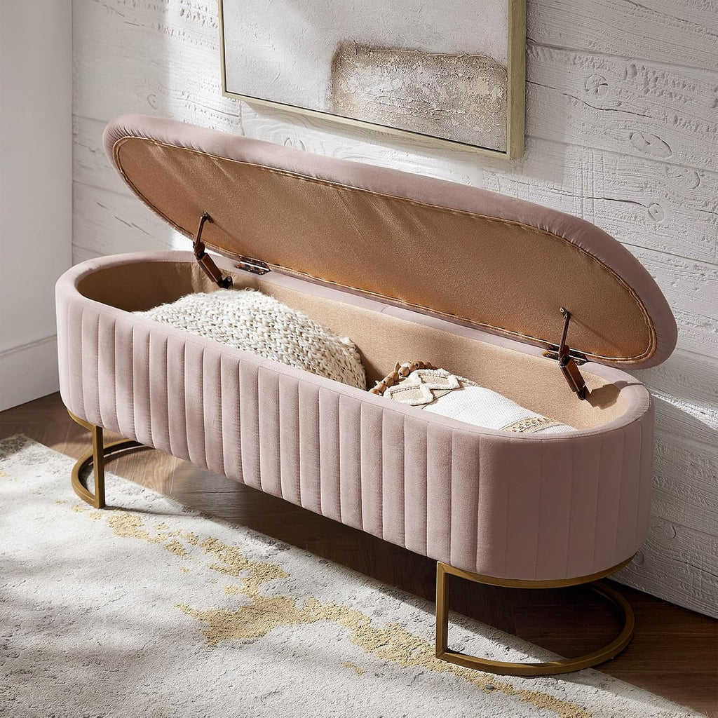 Pink Velvet Flip‑Top Storage Bench with Gold Legs