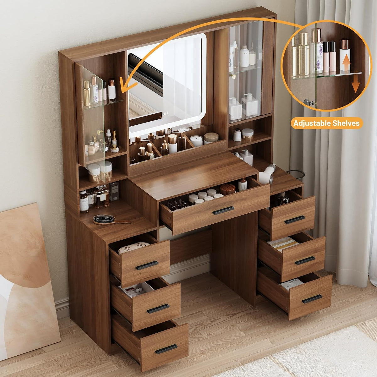 Vanity Desk with LED Mirror & 7 Drawers