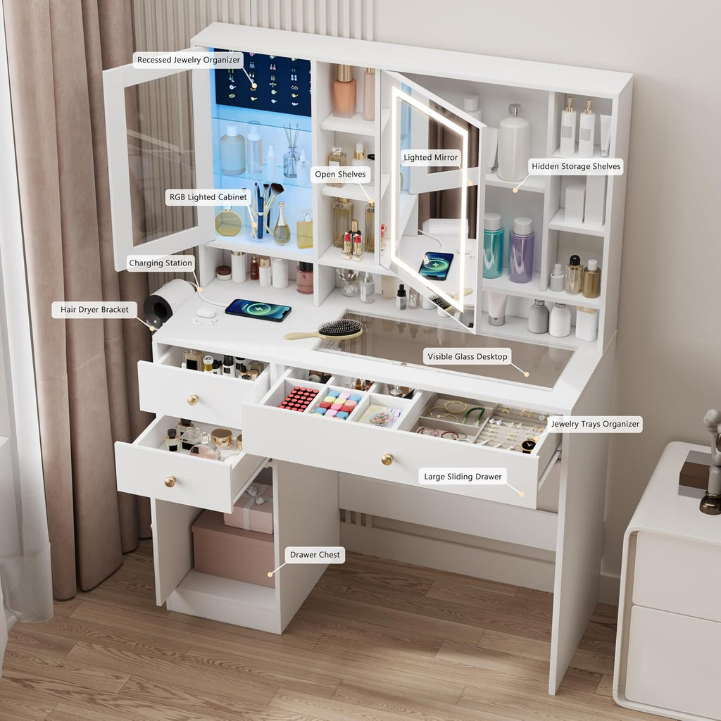 White Vanity Desk with Glass‑Top & LED Mirror