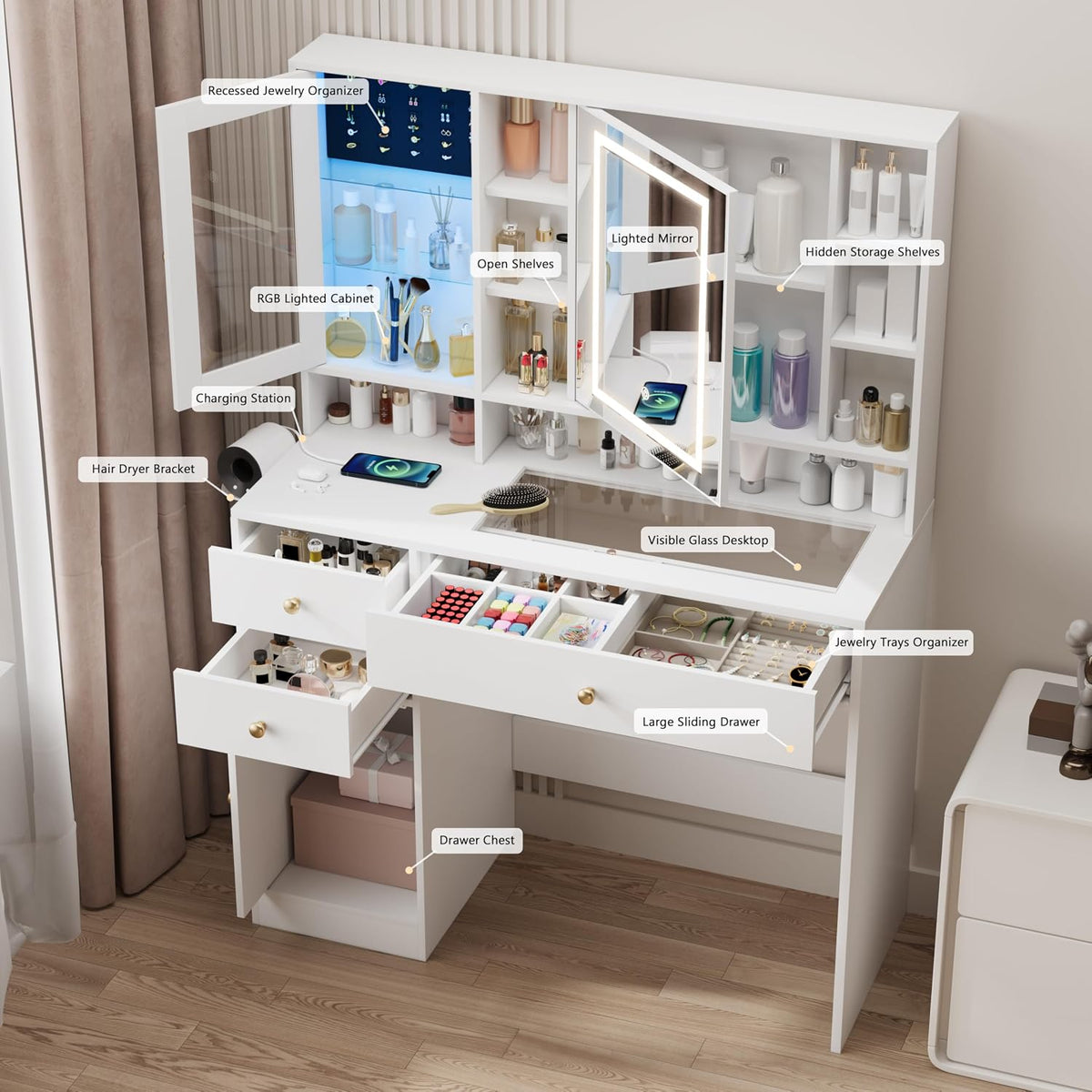 White Vanity Desk with Glass‑Top & LED Mirror