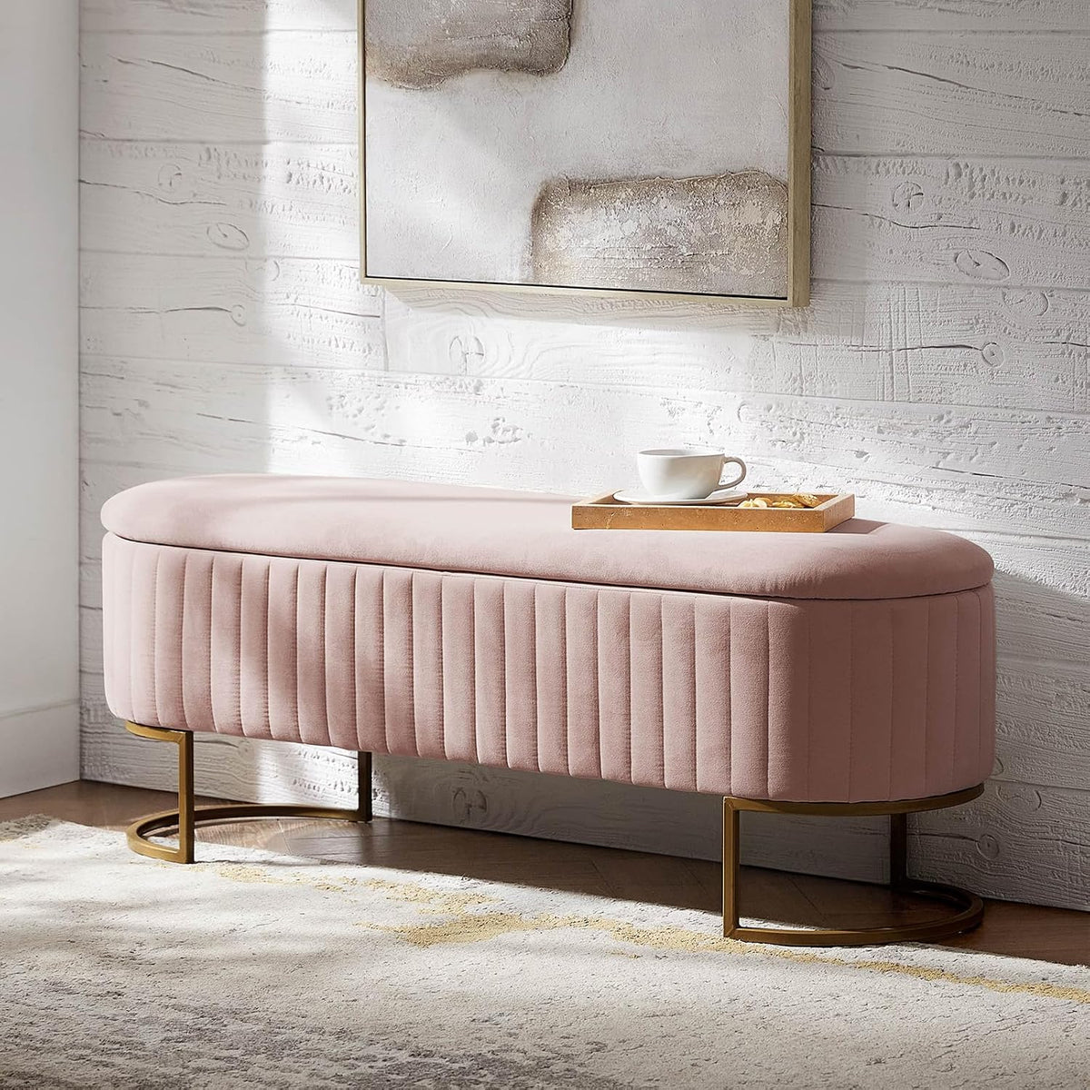 Pink Velvet Flip‑Top Storage Bench with Gold Legs