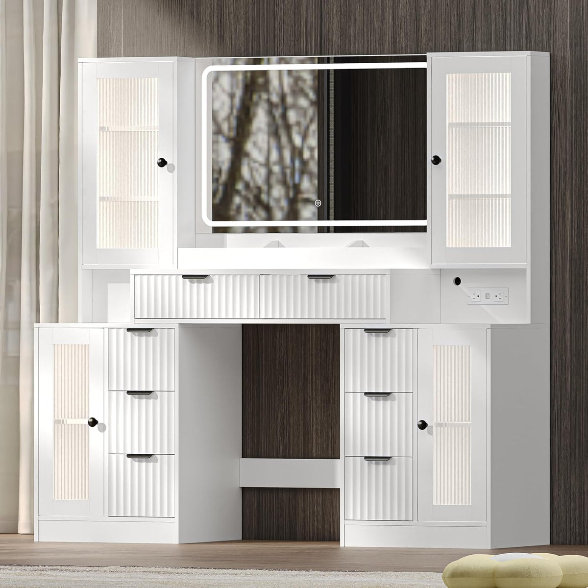 55" Fluted Glass‑Top Vanity Desk with RGB Mirror Lights