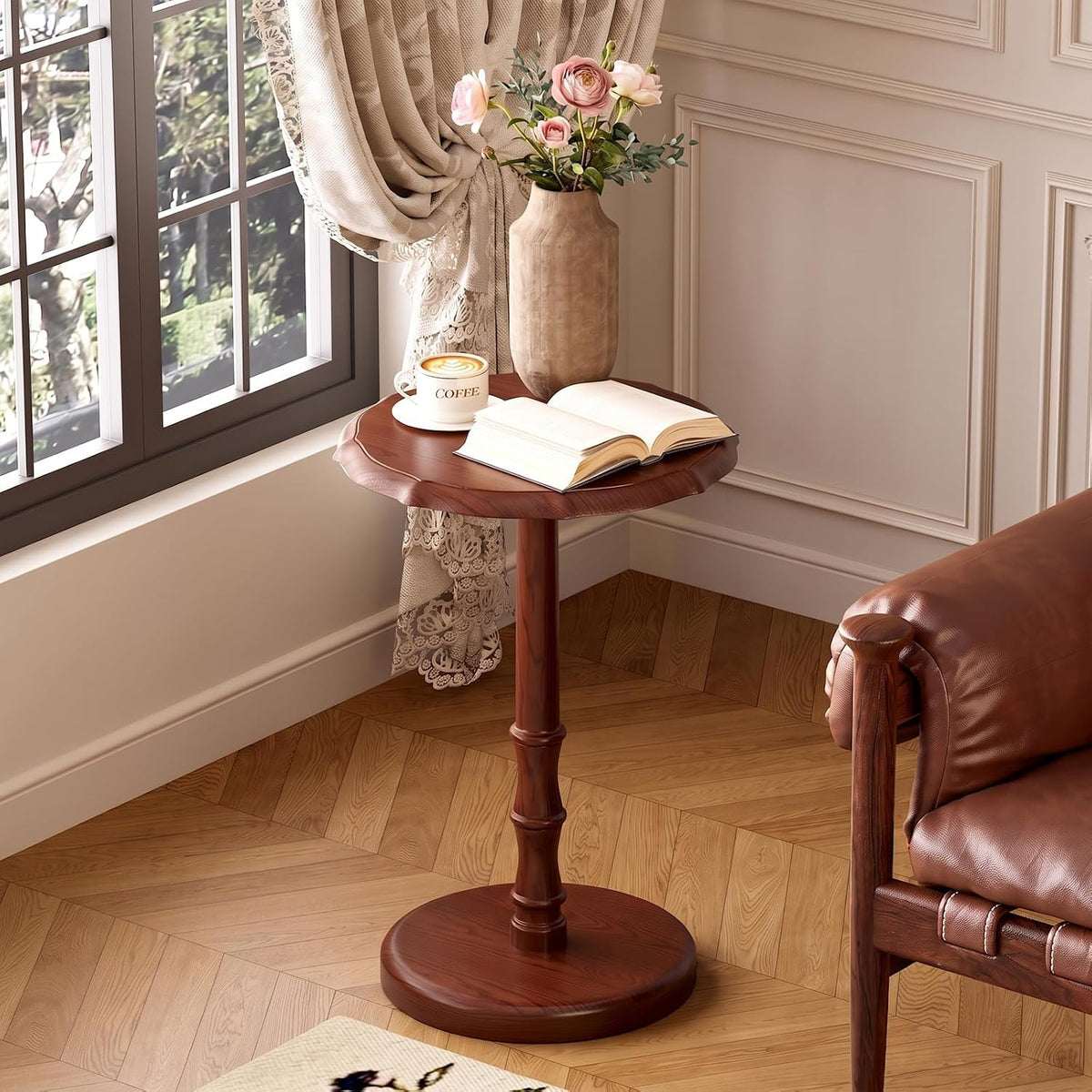 Walnut Solid Wood Vintage Pedestal Round Side Table