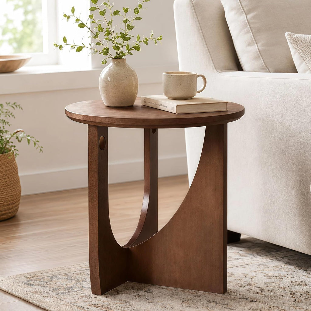 Walnut Round Side Table with Sculptural Curved Base