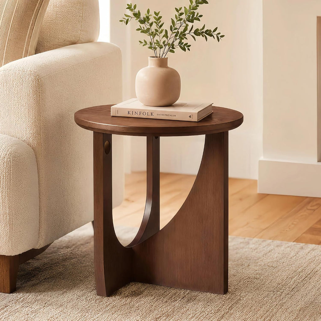 Walnut Round Side Table with Sculptural Curved Base