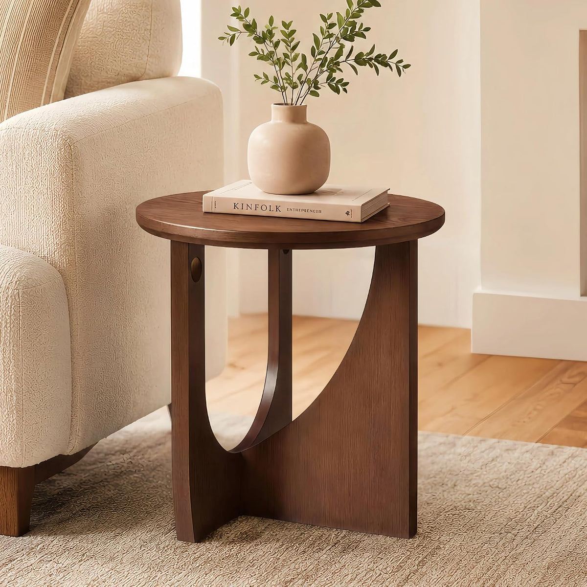 Walnut Round Side Table with Sculptural Curved Base