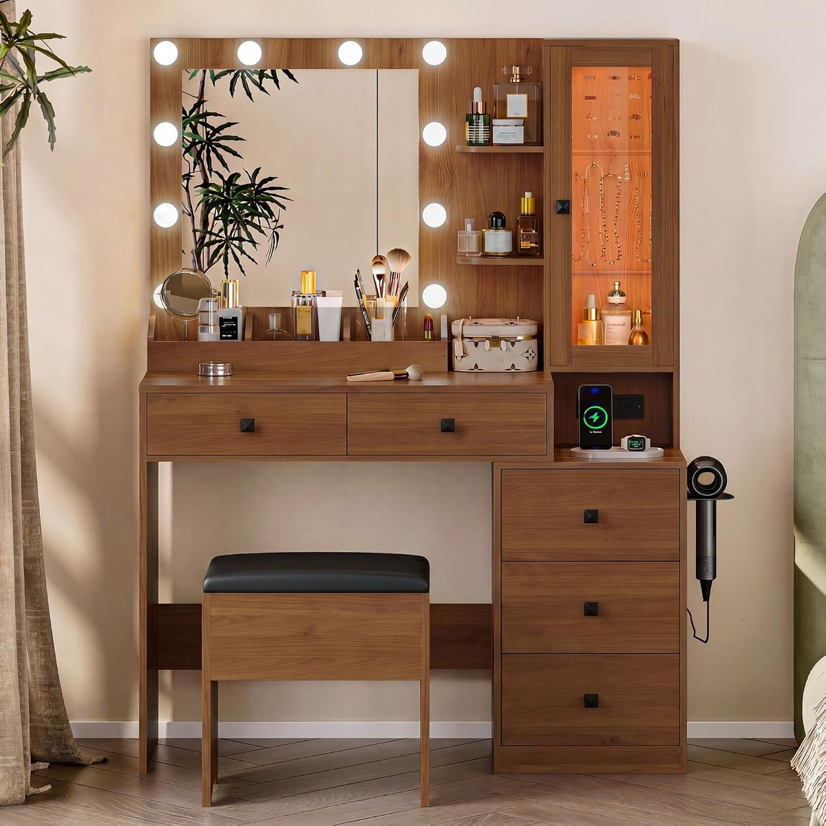 Walnut Vanity Desk with Mirror & Lights, 5 Drawers