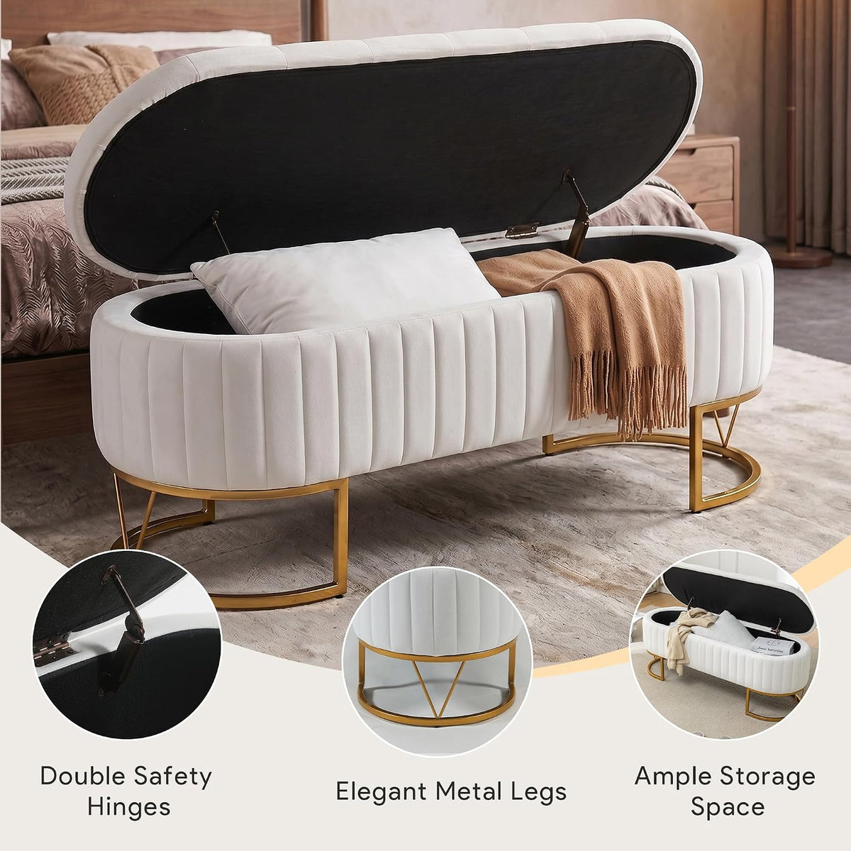 Ivory Velvet Oval Storage Bench with Golden Metal Legs