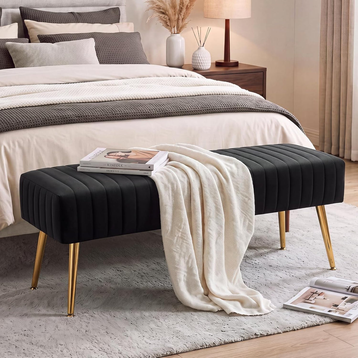 Black Tufted Bench with X‑Shaped Metal Legs