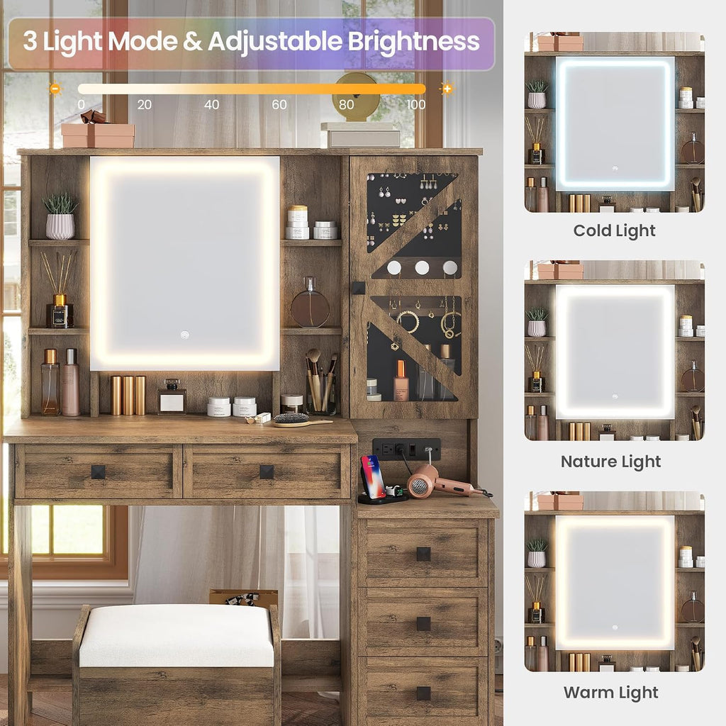 Brown Farmhouse Vanity Desk with LED Mirror