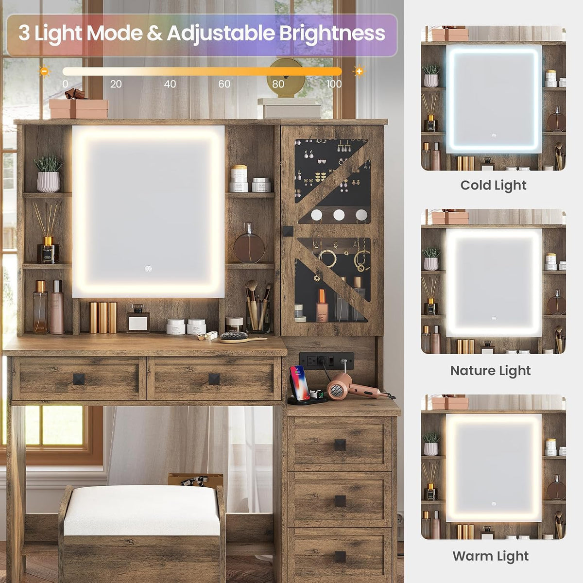 Brown Farmhouse Vanity Desk with LED Mirror