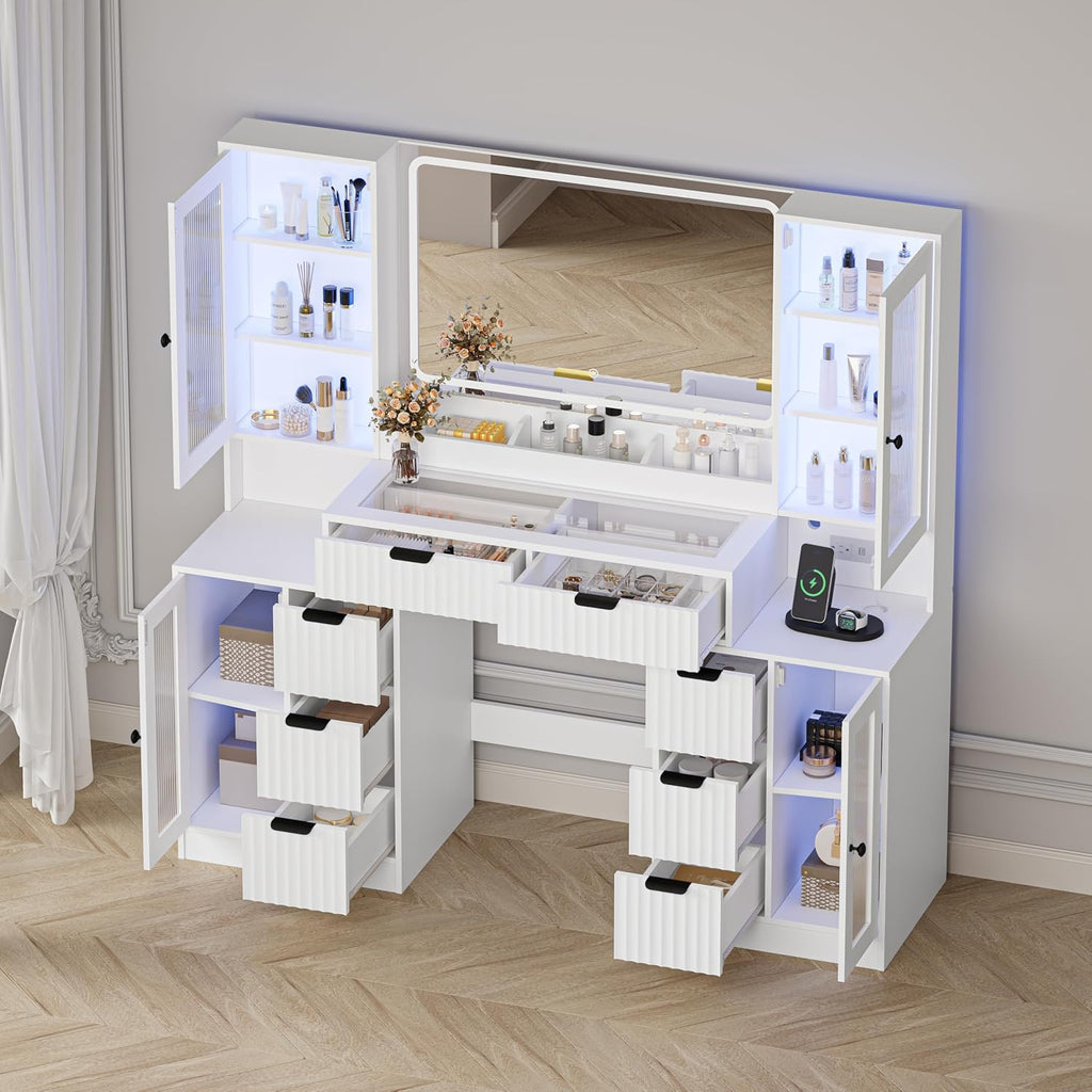 55" Fluted Glass‑Top Vanity Desk with RGB Mirror Lights