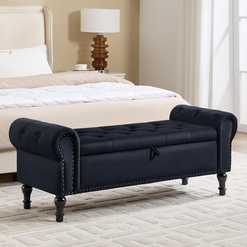 Black Velvet Tufted Storage Bench with Rolled Arms