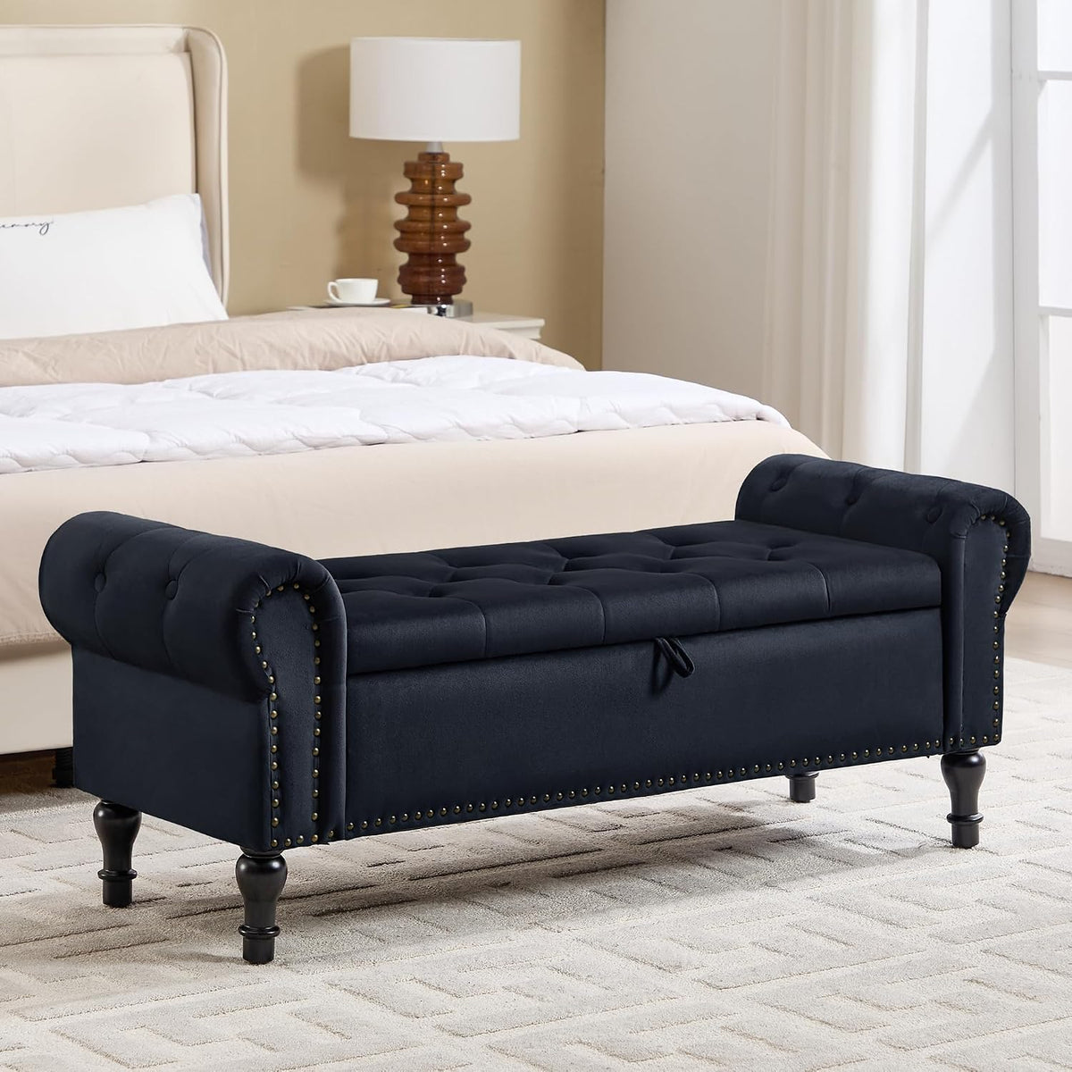 Black Velvet Tufted Storage Bench with Rolled Arms