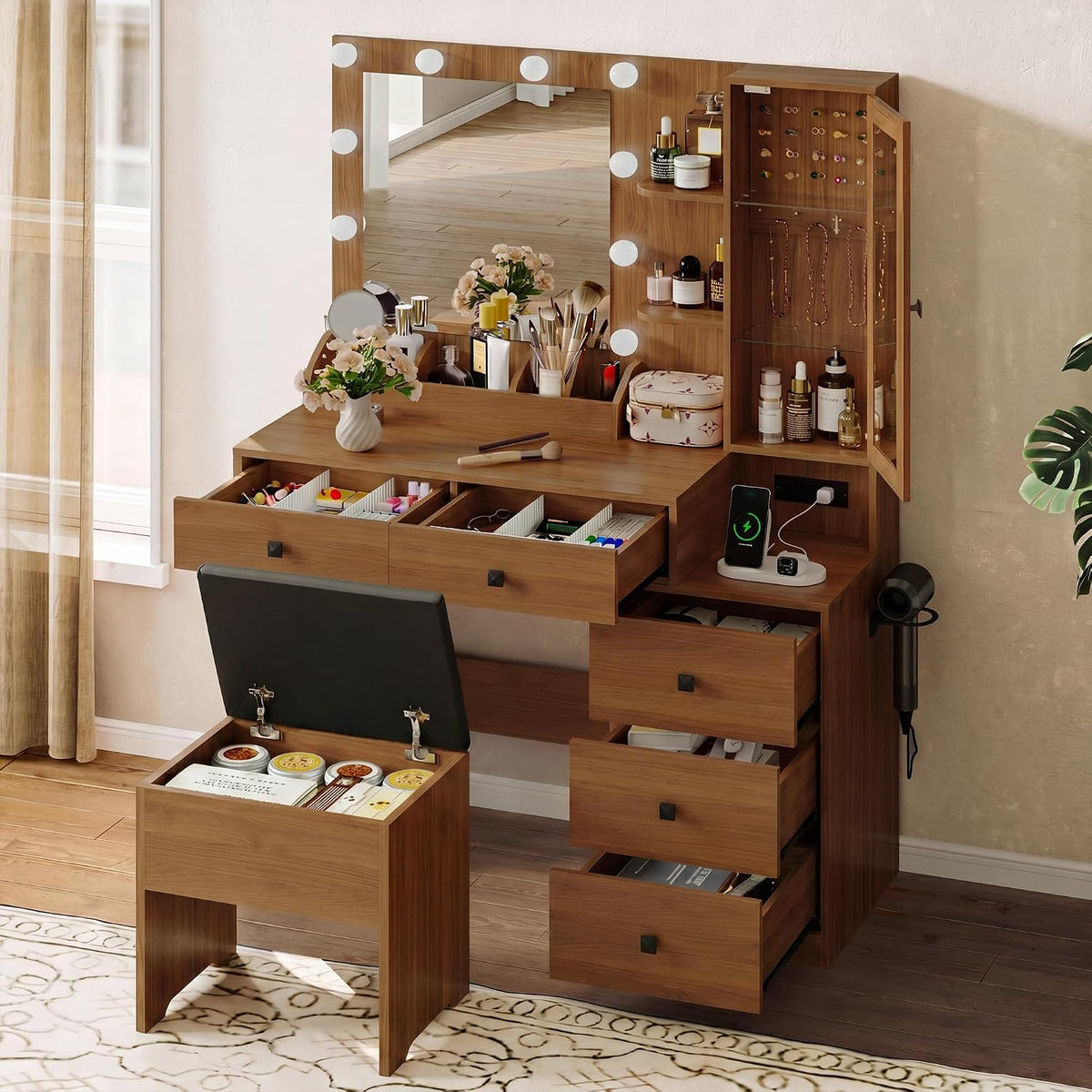 Walnut Vanity Desk with Mirror & Lights, 5 Drawers