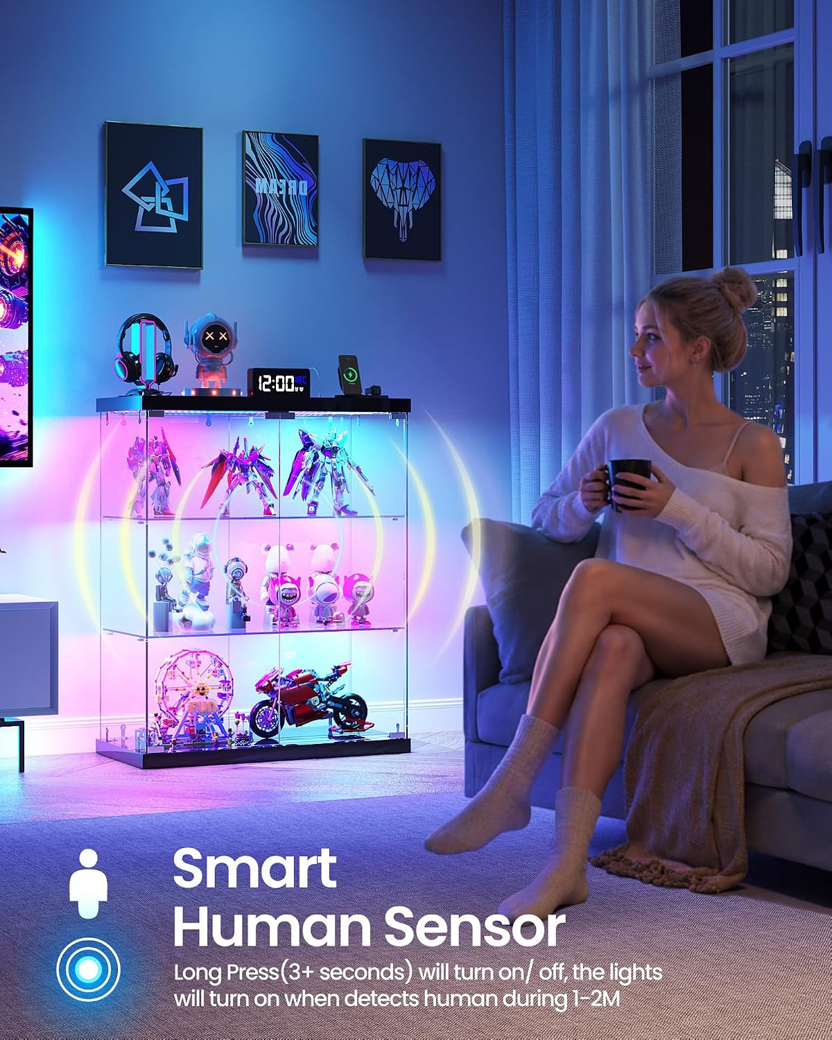 3‑Tier Glass Display Cabinet, RGB LED & Charging Station