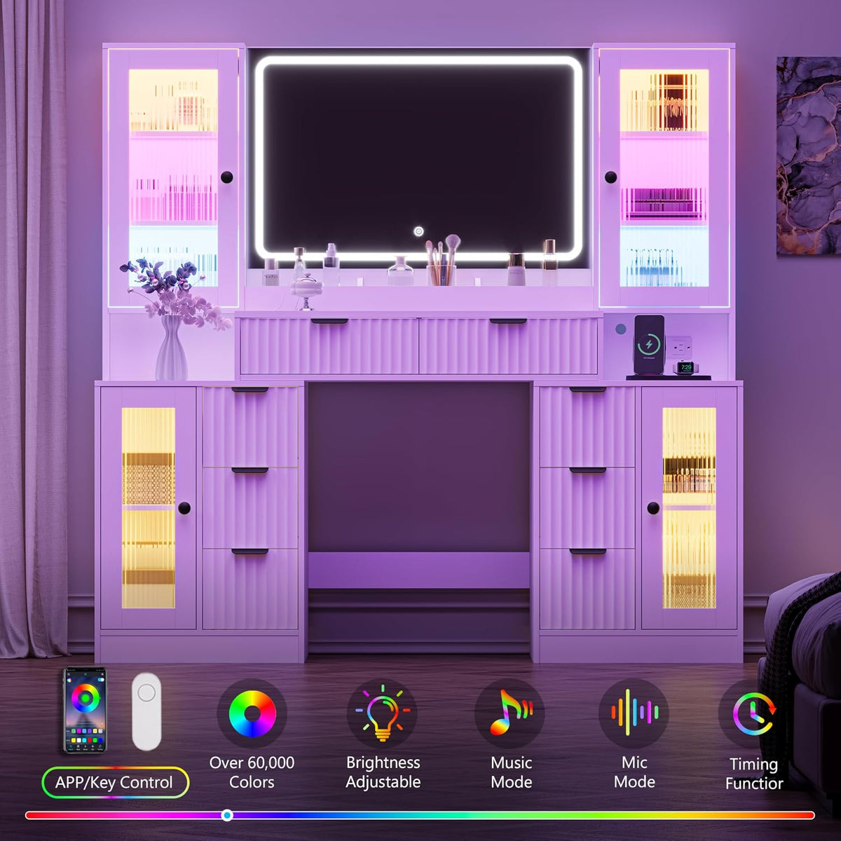 55" Fluted Glass‑Top Vanity Desk with RGB Mirror Lights