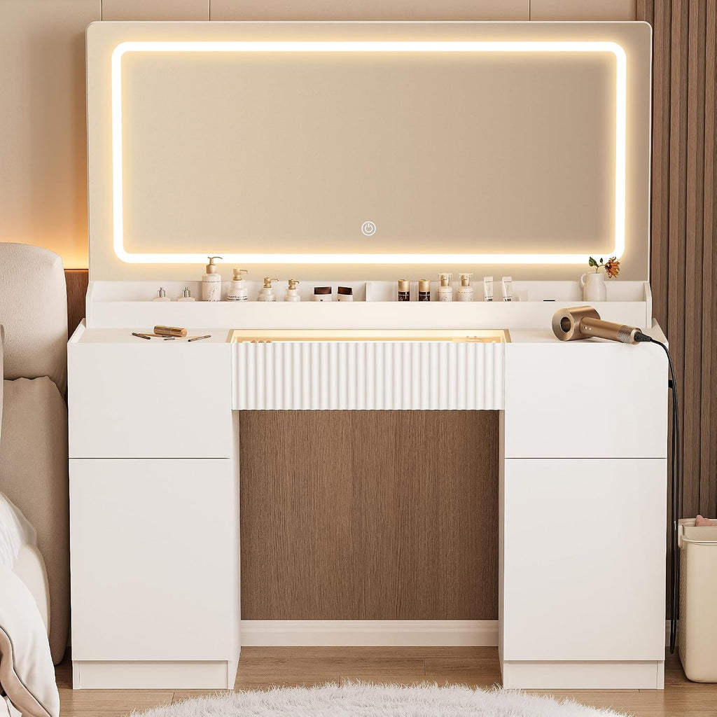 Pure White 44" Glass‑Top Vanity Desk with LED Mirror