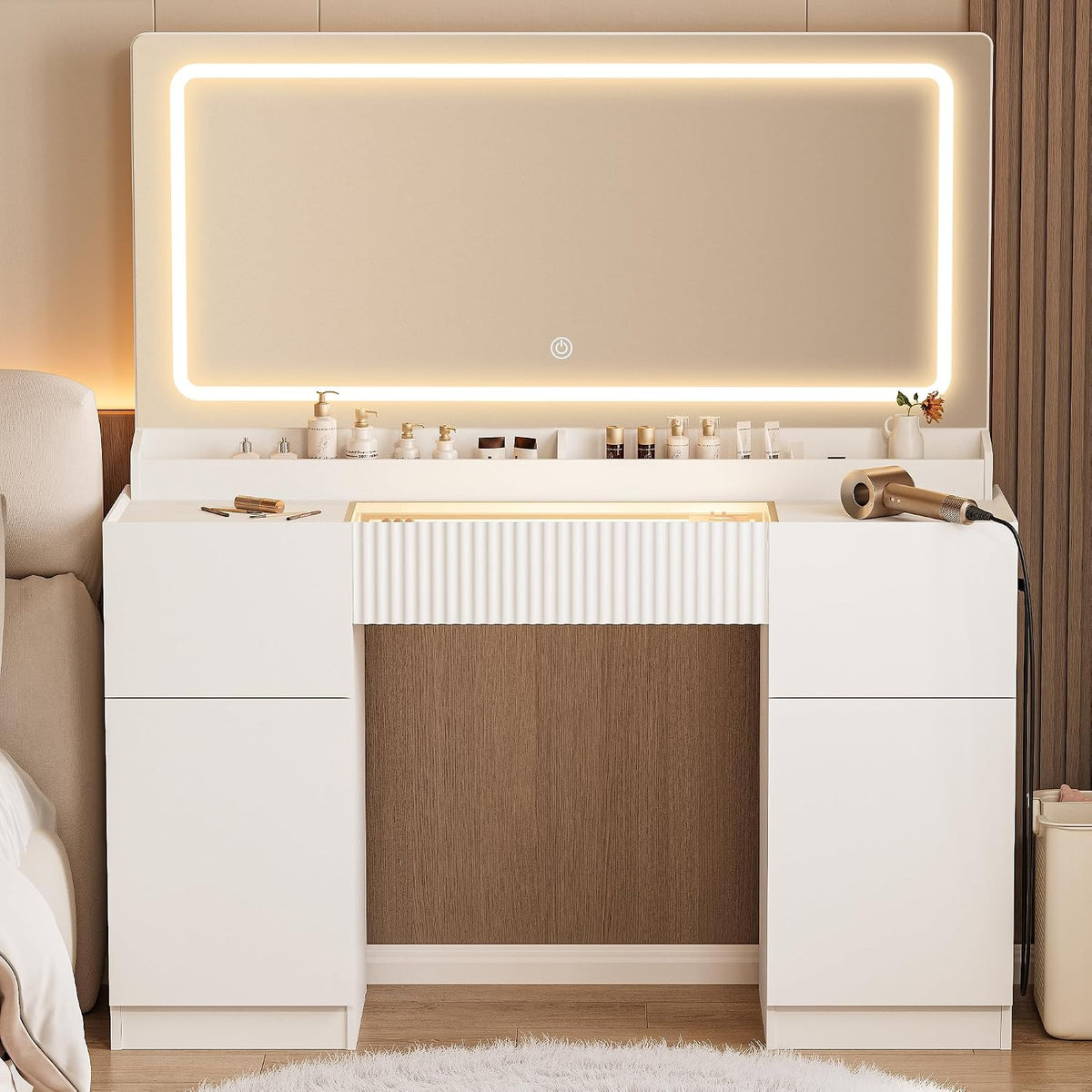 Pure White 44" Glass‑Top Vanity Desk with LED Mirror