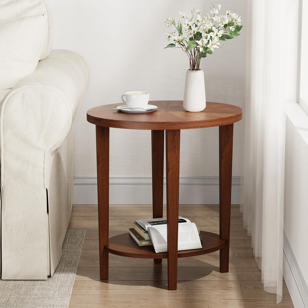 Walnut Solid Wood Oval End Table with 2‑Tier Shelf