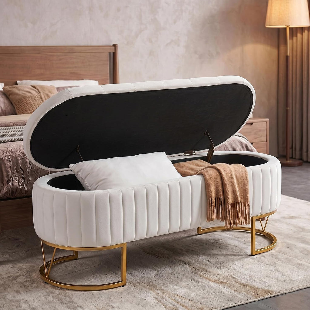 Ivory Velvet Oval Storage Bench with Golden Metal Legs