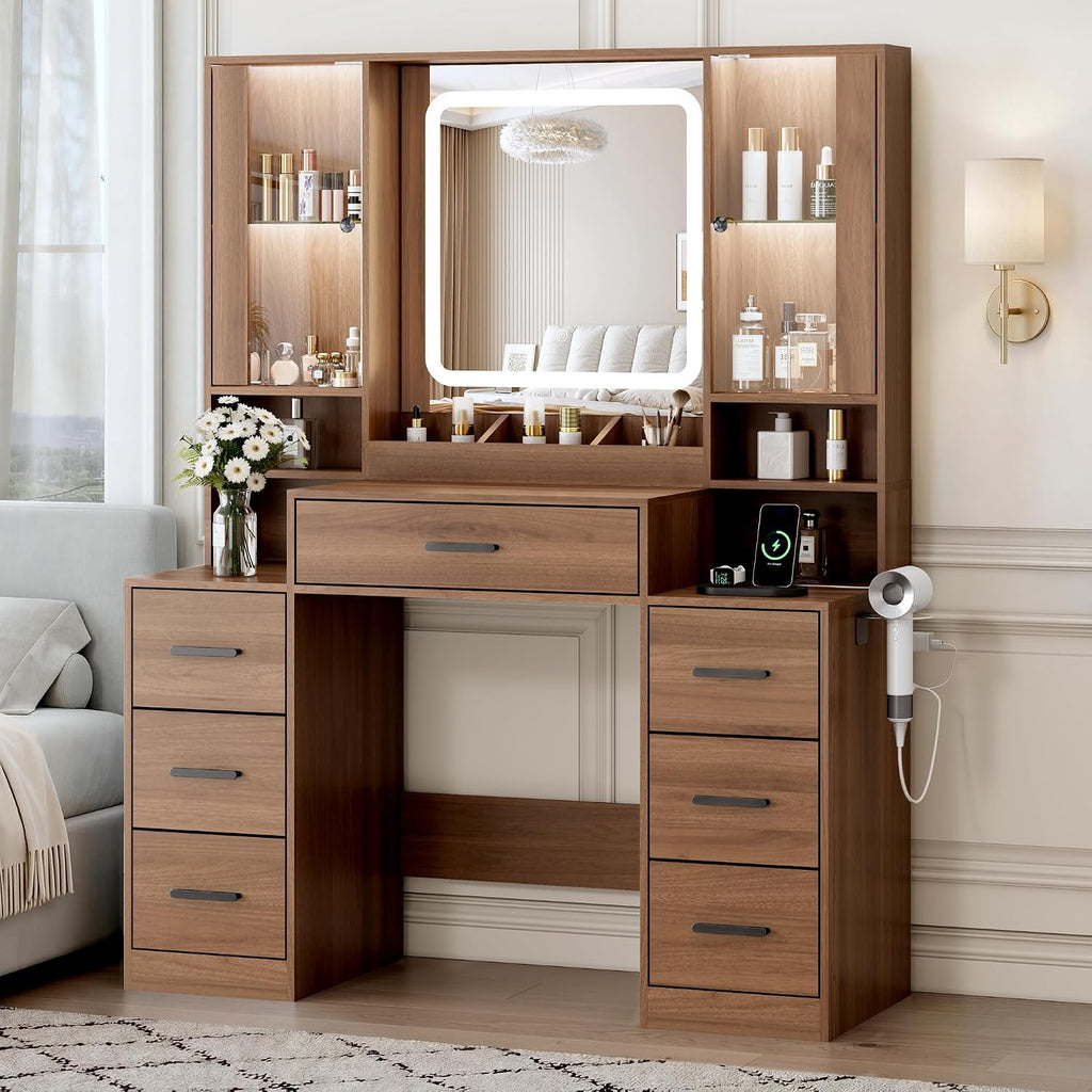 Vanity Desk with LED Mirror & 7 Drawers