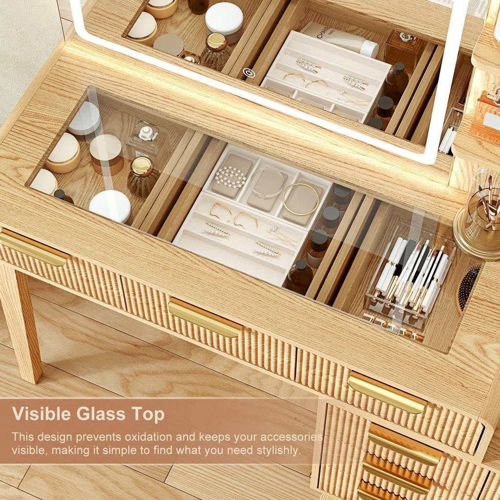 Top Vanity Desk with LED Mirror & 9 Drawers