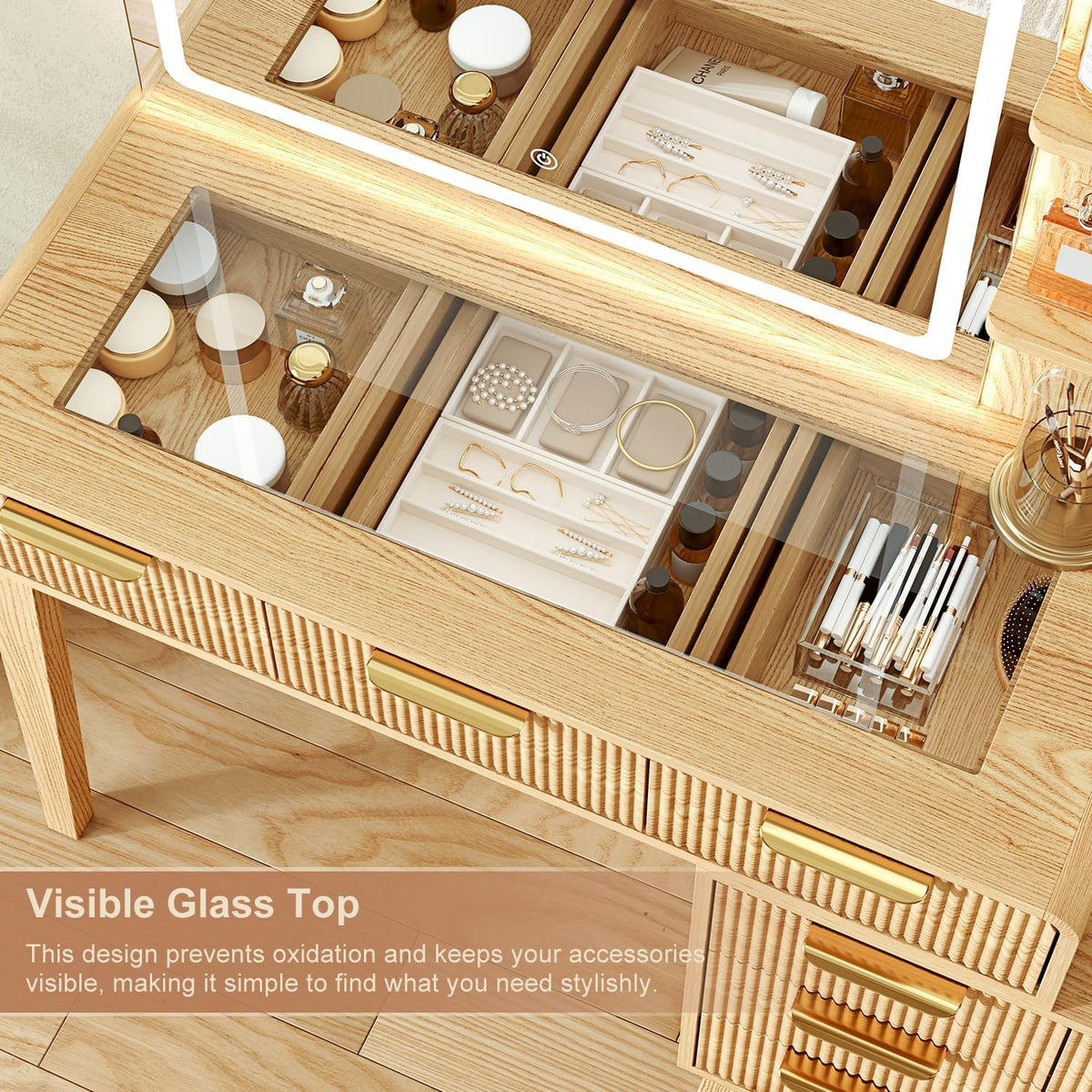 Top Vanity Desk with LED Mirror & 9 Drawers