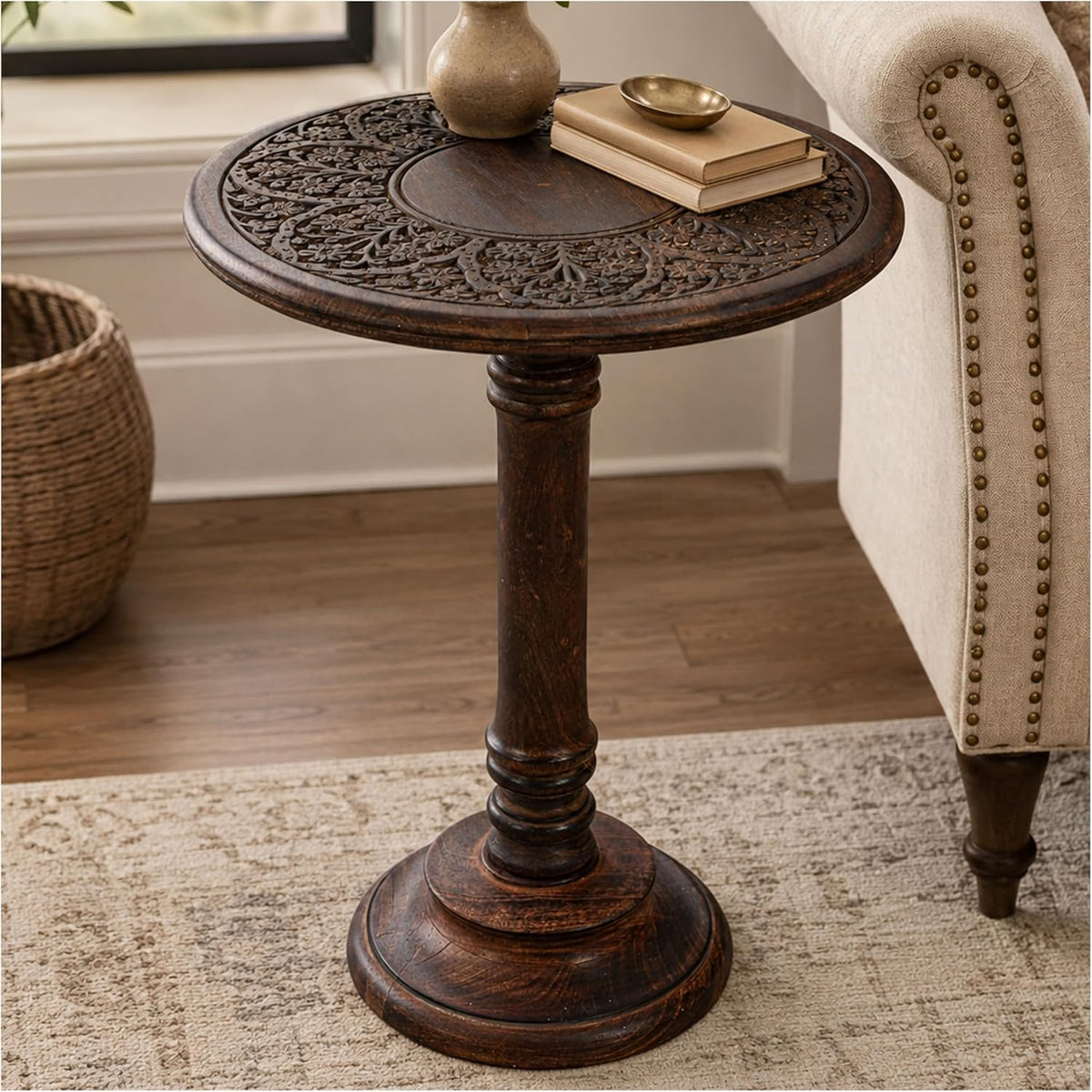 Natural Burnt Finish Pedestal Side Table