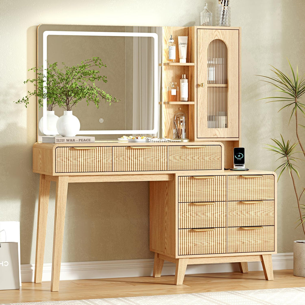 Top Vanity Desk with LED Mirror & 9 Drawers