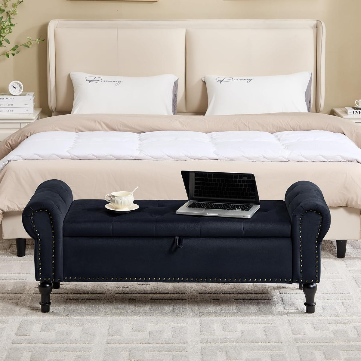 Black Velvet Tufted Storage Bench with Rolled Arms