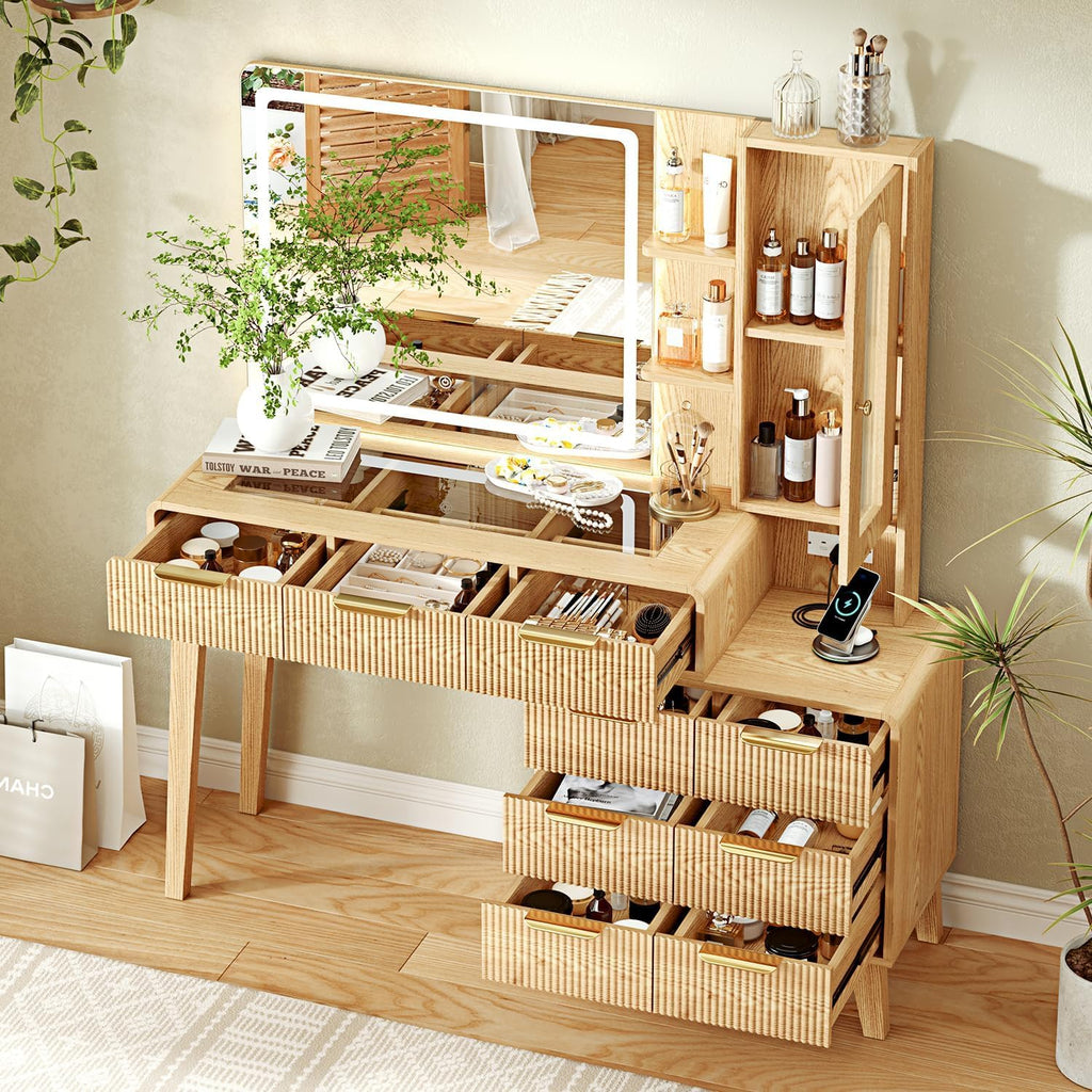Top Vanity Desk with LED Mirror & 9 Drawers