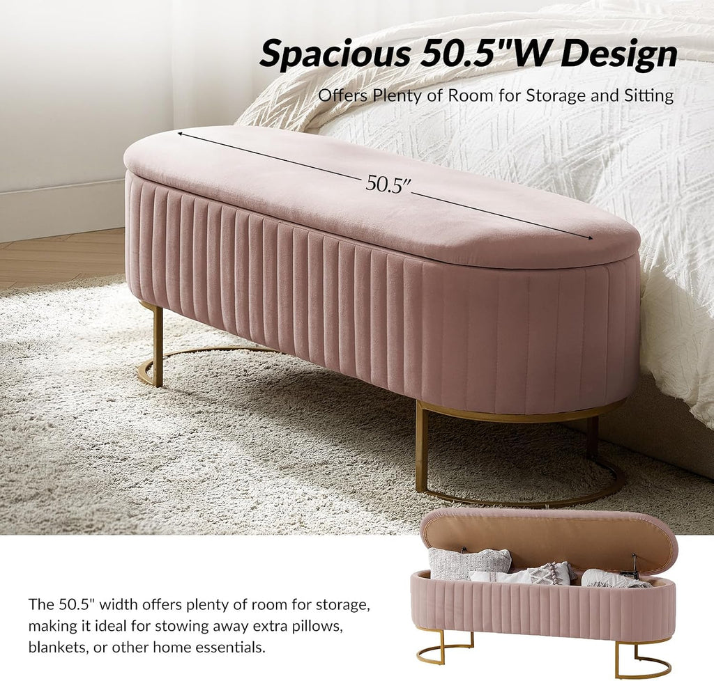 Pink Velvet Flip‑Top Storage Bench with Gold Legs