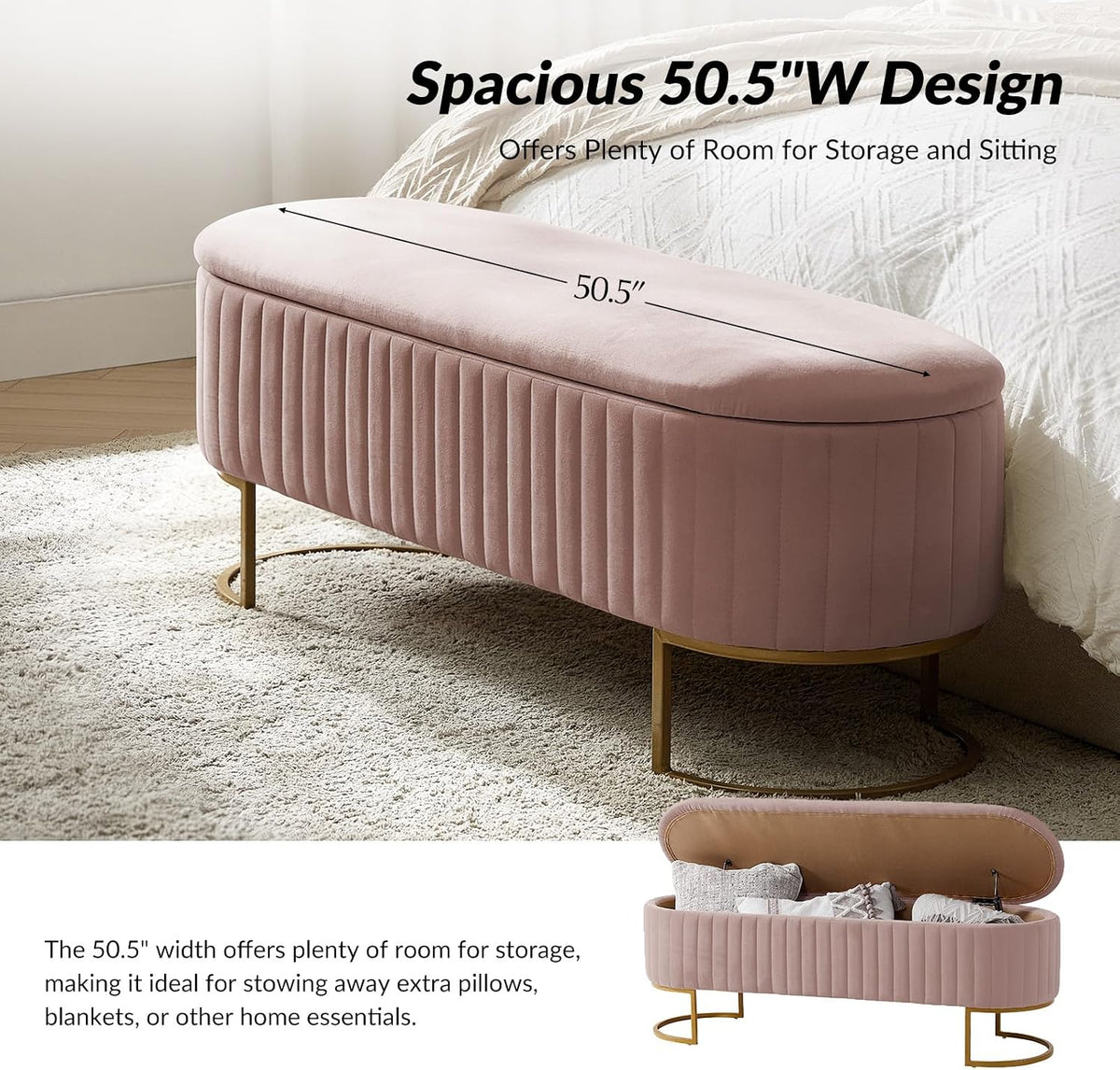 Pink Velvet Flip‑Top Storage Bench with Gold Legs