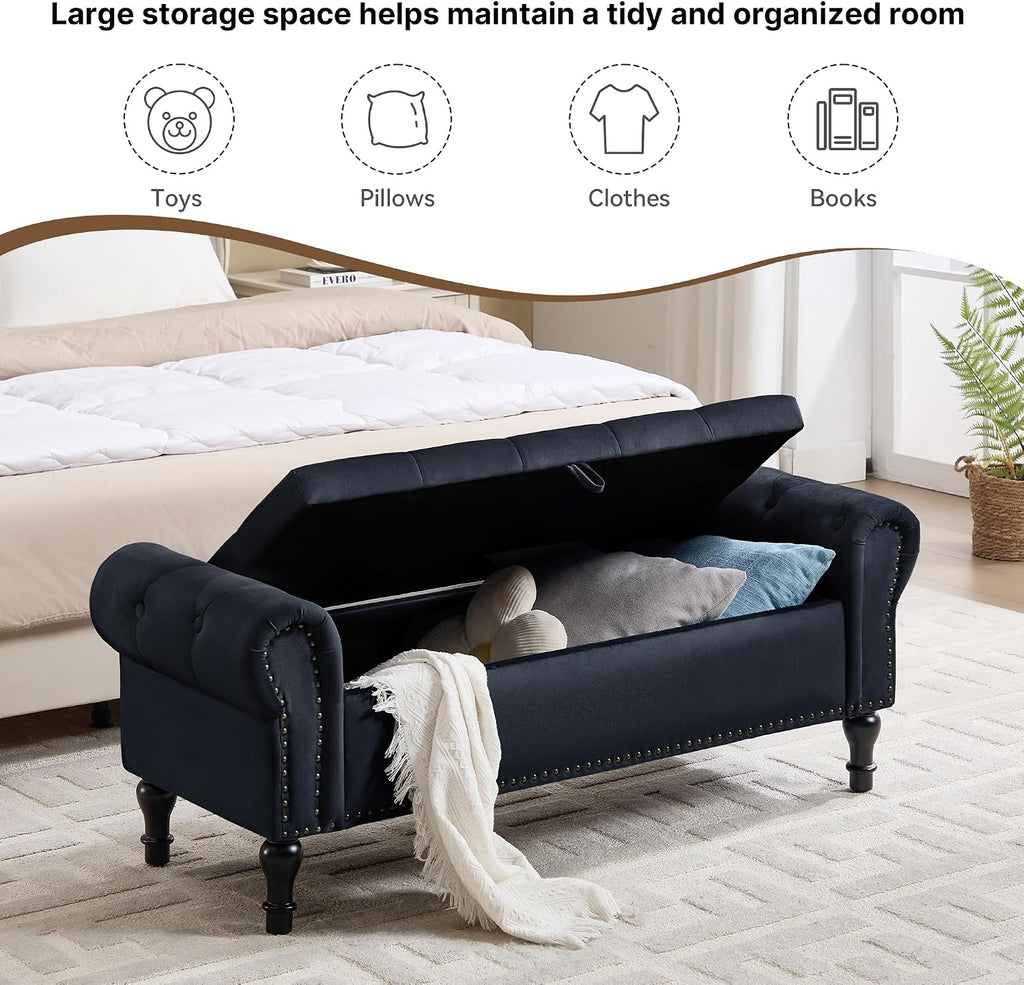 Black Velvet Tufted Storage Bench with Rolled Arms