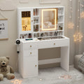 White Vanity Desk with Glass‑Top & LED Mirror